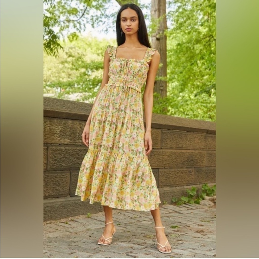 Yumi Kim Sunny Meadow Libby Floral Print Ruffle Sleeveless Midi Dress Size L